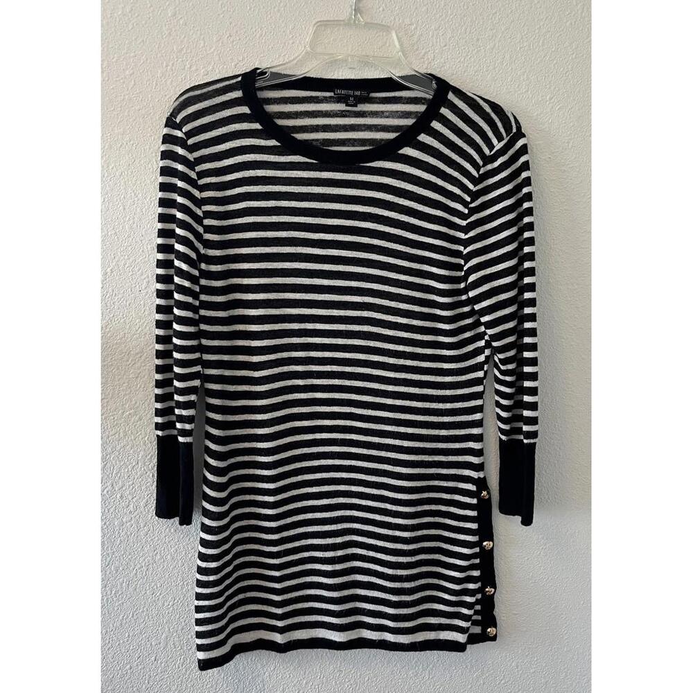 Lafayette 148 Women's Sweater Top Size M Striped Linen Blend Nautical Buttons